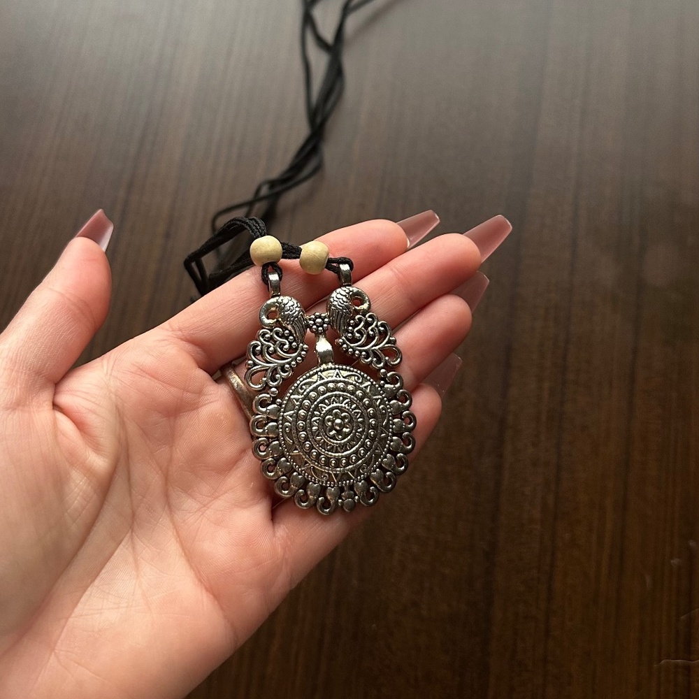Oxidized Silver Ethnic Pendant w/ Black Long Thread